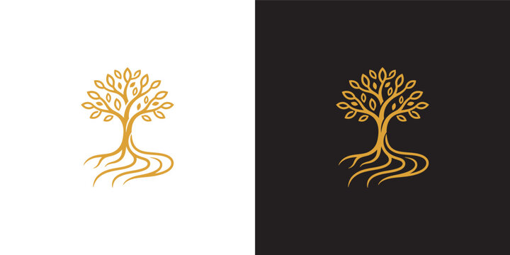 Golden Tree of Life vector logo illustration with intricate roots and leaves on split white and black background