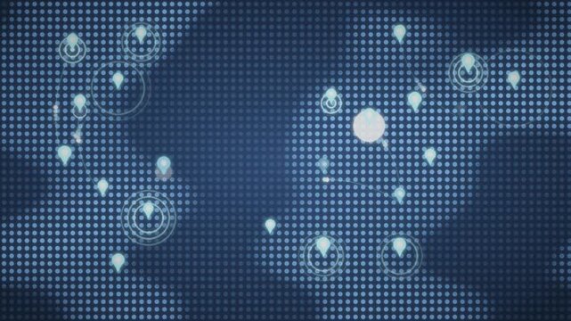Abstract Dotted World Map with Dropping Location Pins and Pulsing Radar Rings, Global Network Business Background, seamless loop in bright navy tones
