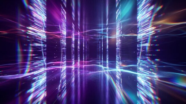 無限の奥行きから手前へ迫るホログラフィックデータ構造体と光のサイバーパンク風CG背景素材
