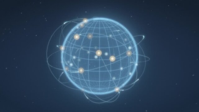 Rotating wireframe globe with glowing global network connection arcs seamless loop in bright azure tones