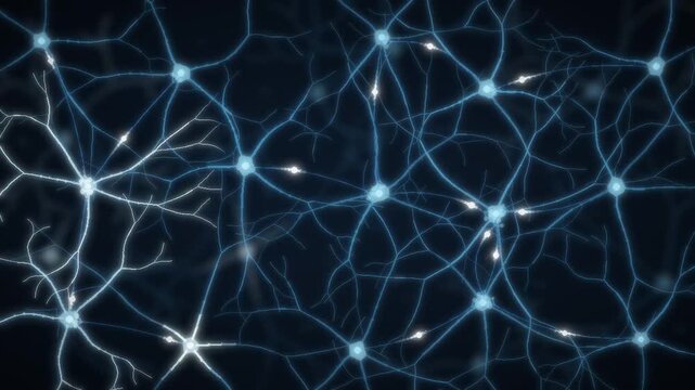 Neural Network of Firing Neurons with Glowing Synapses and Electrical Impulses Seamless Loop in bright cyan tones