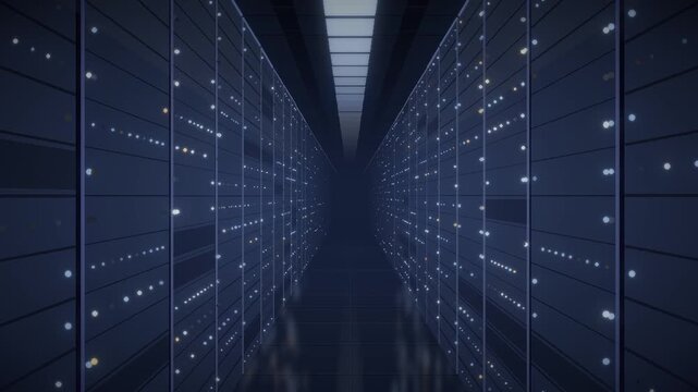Data center server racks aisle with blinking LED status lights seamless loop in vibrant blue tones