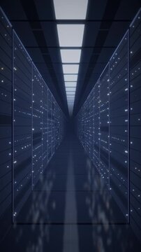 Data center server racks aisle with blinking LED status lights seamless loop in deep blue tones vertical 9:16