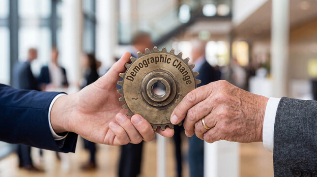 Young and old hands holding demographic change gear.