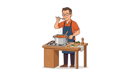 Happy man cooking and tasting soup in the kitchen.