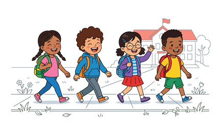Diverse children happily walking to school with backpacks