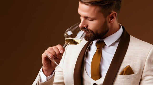 Title:
Professional sommelier tasting white wine on brown background, expert wine evaluation with glass, elegant beverage concept and copy space for hospitality, luxury dining and vineyard themes