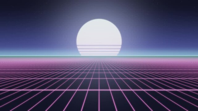 Retro 80s Synthwave Neon Grid and Sunset Horizon Seamless Loop in subtle cyan tones
