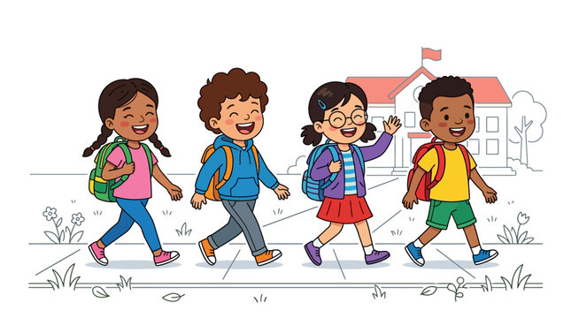Diverse children happily walking to school with backpacks