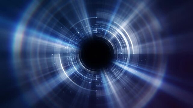 漆黒の宇宙空間から手前へ迫る青と白の光の粒子とデータ投影のアブストラクトCG背景素材