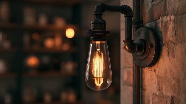 Industrial style wall lamp with vintage edison bulb on brick wall.