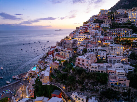 Aerial Drone View of Positano at Sunset, Amalfi Coast, Italy