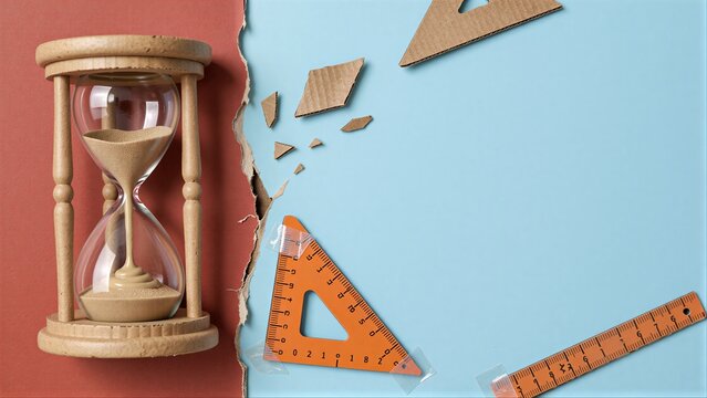 Hourglass and broken tools symbolize time's passage and academic fragmentation.