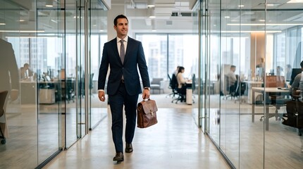 Fototapeta premium Confident Businessman Walking Through Modern Office Corridor.