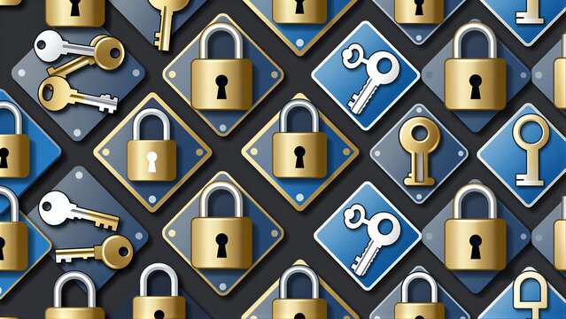 Golden locks and keys on dark blue diamonds, symbolizing security.