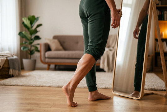 Barefoot man wearing green sweatpants standing on a wooden floor in a cozy modern living room