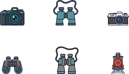 Travel and photography vector icons set, vintage film camera and modern digital DSLR, binoculars and steam locomotive train for tourism design © Rifat