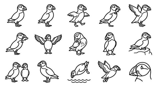 Puffin Line Art Collection: Diverse Poses and Actions