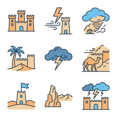 Naklejka premium Desert storm weather and historical architecture icons.
