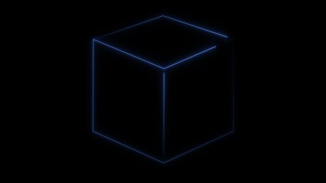 Minimal Blue Glowing Cube Outline Motion Graphics Animation for Blockchain Data Block and Digital Tech Concept.Neon 3d square box stroke icon
