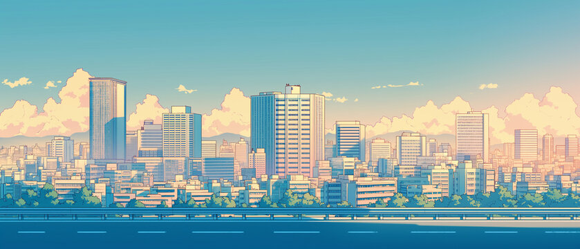 未来的な都市の穏やかな景観を描いた日本アニメ風背景イラスト、人のいない街路、広い道路、高層ビル群、オフィス街、住宅地、橋、川沿い、雲の空、夕暮れ、都会、近未来、遠景、建築、都市開発、シティスケープ、ランドスケープ、背景素材、ゲーム背景、漫画背景、動画素材、広告、バナー、資料作成、表紙、ウェブ素材、ポスター、ヘッダー、サムネイル、駅前、通勤、日常、街歩き、案内、余白、構図、清潔感、季節感、広報、素材