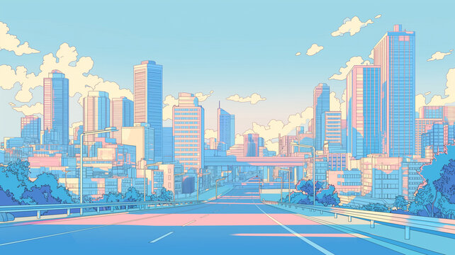 人のいない都市風景を描いた日本アニメ風背景イラスト、広い道路、高層ビル、オフィス街、住宅街、雲の広がる空、夕暮れの街並み、近未来都市、都会、街路、橋、遠景、シネマティック、背景素材、広告、バナー、動画素材、ゲーム背景、漫画背景、商用利用、旅行、観光、都市開発、建築、ランドスケープ、爽やか、開放感、静かな街、都会的、資料作成、表紙、ウェブ素材、ポスター、ヘッダー、サムネイル、駅前、通勤、日常、街歩き