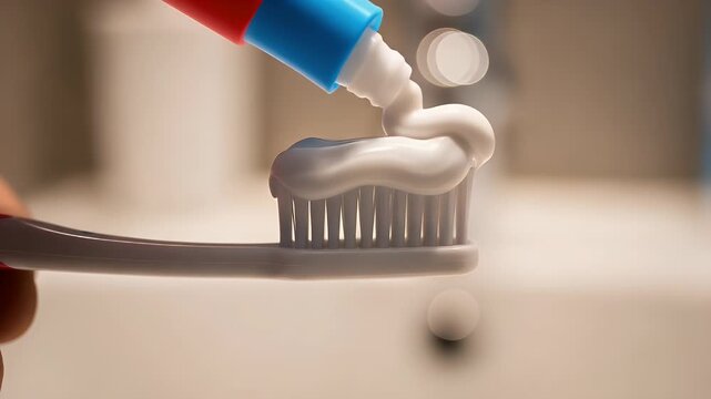 Squeezing a fresh ribbon of white toothpaste onto a plastic brush head in preparation for a daily dental hygiene routine inside a bright bathroom setting.