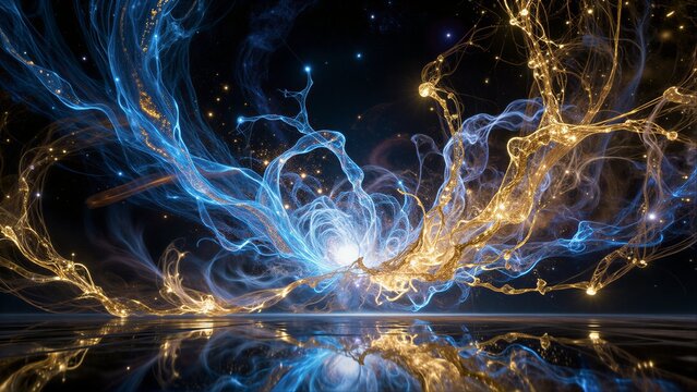 Cosmic blue and gold energy swirls reflect in a dark, starry water surface.