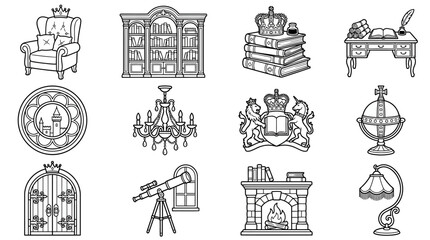 Fototapeta premium Vintage Library Icons: Bookshelf, Chair, Desk, Telescope, Fireplace