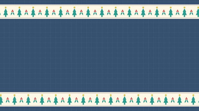 Seamless looping background animation of top and bottom stripes with christmas tree and holly berry ornaments moving left and right with navy blue text copy space area. Flat style design