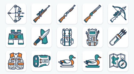 Fototapeta premium Hunting Gear Icons: Bow, Rifle, Binoculars, Backpack, Duck