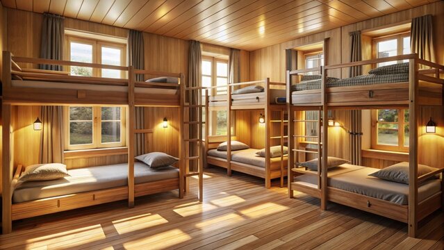 A cozy shared hostel room with wooden bunk beds soft bedding and personal lockers bathed in warm golden lighting