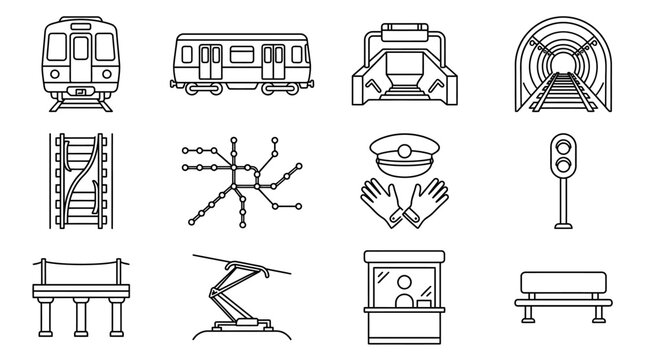 Public Transport Icons: Subway, Train, Tunnel, Map, Uniform