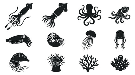Collection of black and white marine life silhouettes including squid octopus jellyfish and coral icons. © sari