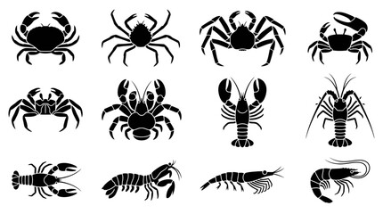 Collection of black silhouette icons of various crustaceans including crabs lobsters and shrimp. © sari