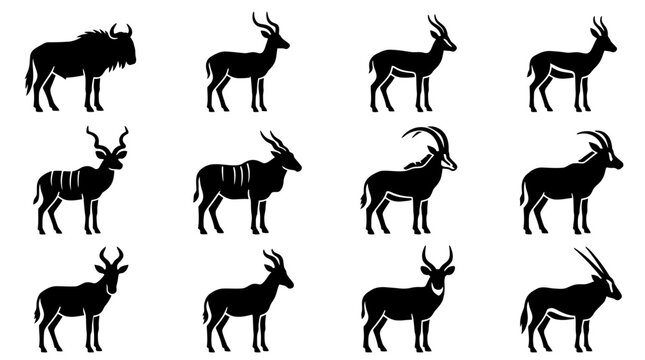 Collection of black silhouettes of various African antelope species on white background.