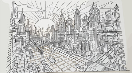 Obraz premium Black and White Coloring Page of a Retro-Futuristic Cityscape with Skyscrapers, Elevated Roads, Flying Cars, and a Rising Sun, Isometric Perspective Vector Illustration