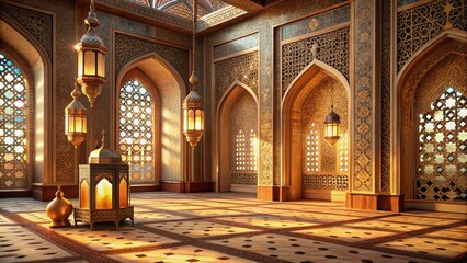 Obraz premium Vibrant brown pastels adorn ancient islamic patterns during eid aladha celebrations in a serene vintageinspired desert temple setting