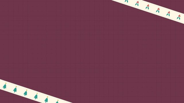 Seamless looping background animation of top and bottom corner stripes with christmas tree and holly berry ornaments moving left and right with burgundy text copy space. Flat style design