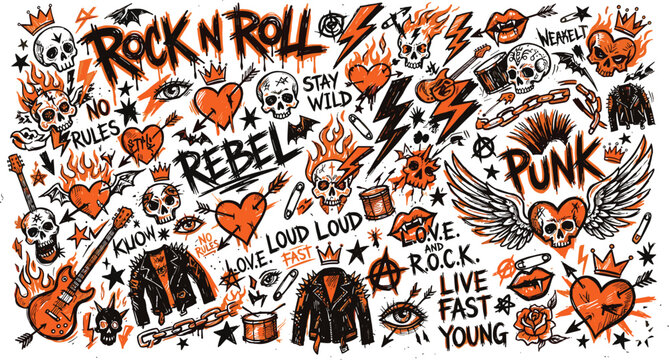 Orange And Black Rock N Roll Punk Doodle Pattern With Skulls Guitars Hearts Flames And Rebel Typography