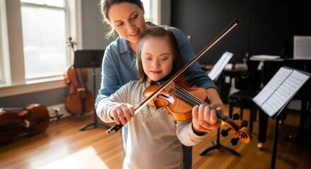 Fototapeta premium Woman violin teacher helping girl with Down syndrome to play the instrument during music lesson. Educational session with instructor for child development. Inclusive school learning concept.