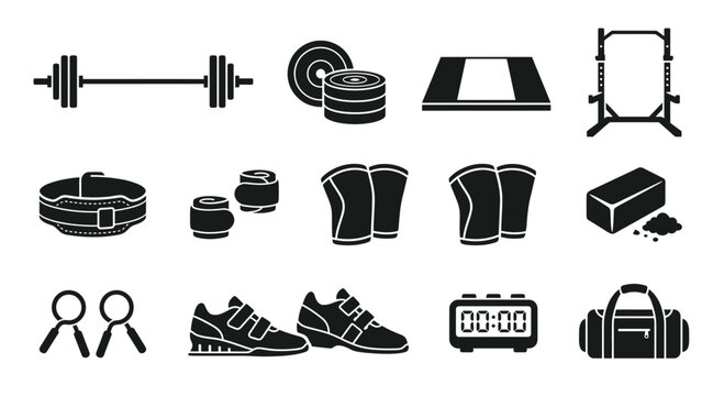 Set of black icons for powerlifting and bodybuilding gym equipment.
