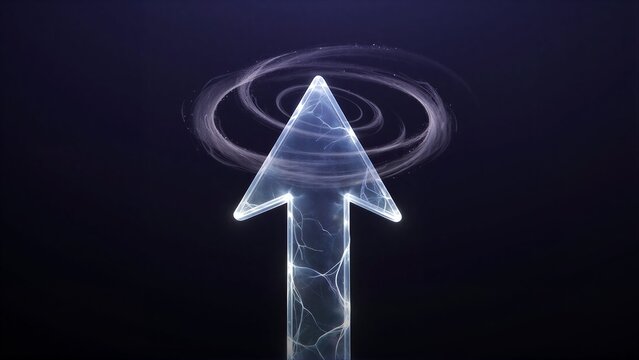 Glowing arrow with crackled light, swirling energy behind it against dark background.