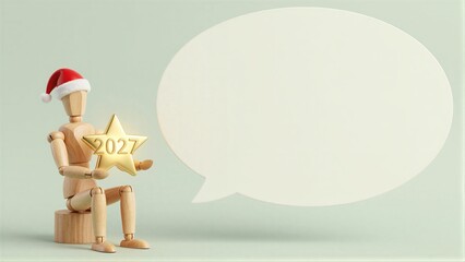 Fototapeta premium Wooden figure in Santa hat holds 2027 star, speech bubble beside it.