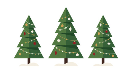 Obraz premium Christmas trees adorned with sparkling lights and elegant ornaments stand in a row on snow.