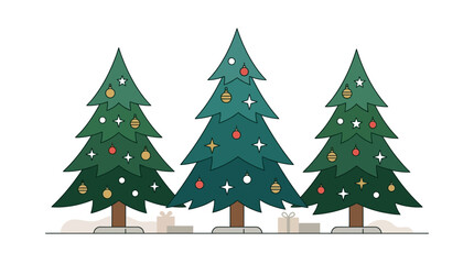 Fototapeta premium Christmas trees decorated with ornaments stand in a row with small gifts placed at their bases.