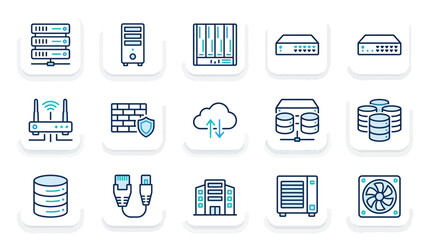 Fototapeta premium Server Icons and Networking Equipment Set