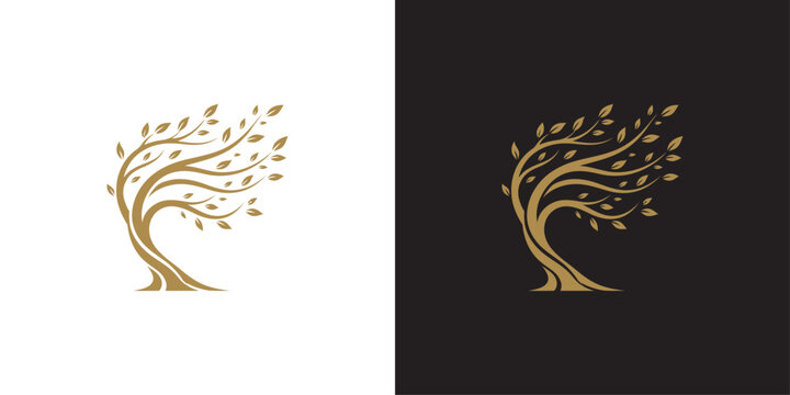 Golden tree logo design blowing in wind elegant luxury nature organic concept icon set