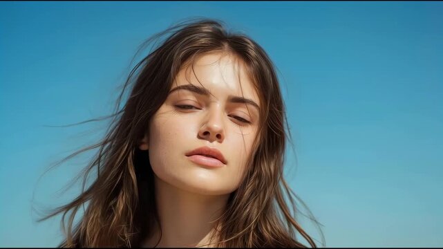 Young woman portrait windblown hair calm confident expression under clear blue sky