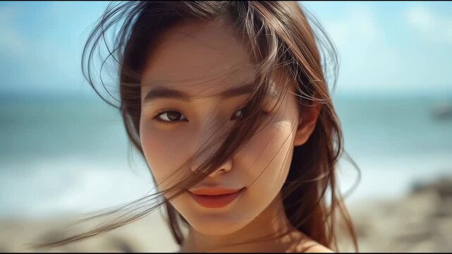 Young woman portrait on windy beach with windblown hair and soft smile in sunlight